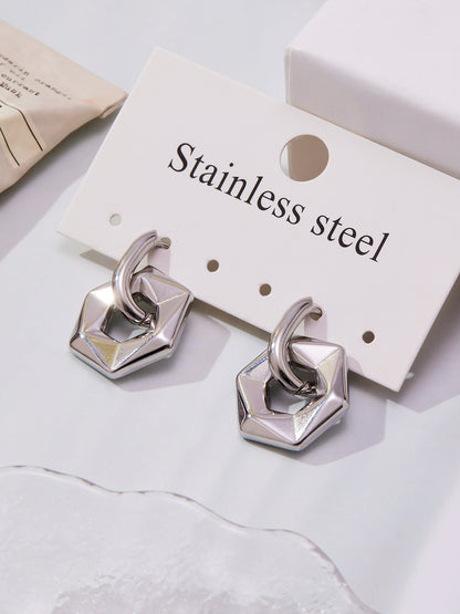 316L Stainless Steel 18K Gold Plated Hollow Hexagon Hoop Earrings - Image 2