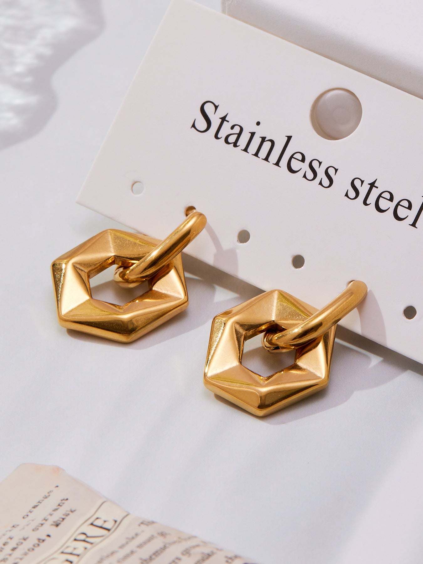 316L Stainless Steel 18K Gold Plated Hollow Hexagon Hoop Earrings - Image 3