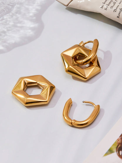 316L Stainless Steel 18K Gold Plated Hollow Hexagon Hoop Earrings - Image 4