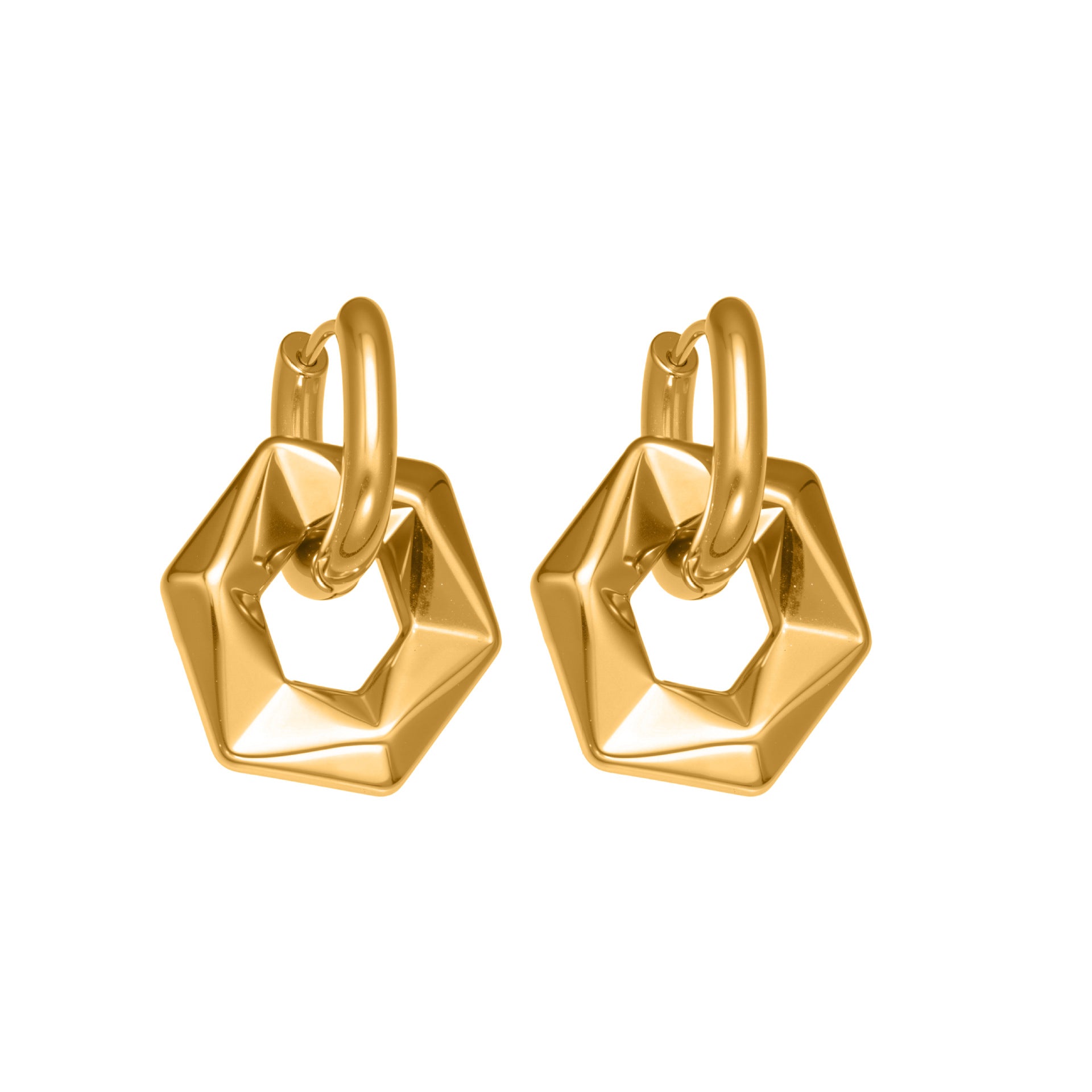 316L Stainless Steel 18K Gold Plated Hollow Hexagon Hoop Earrings - Image 6