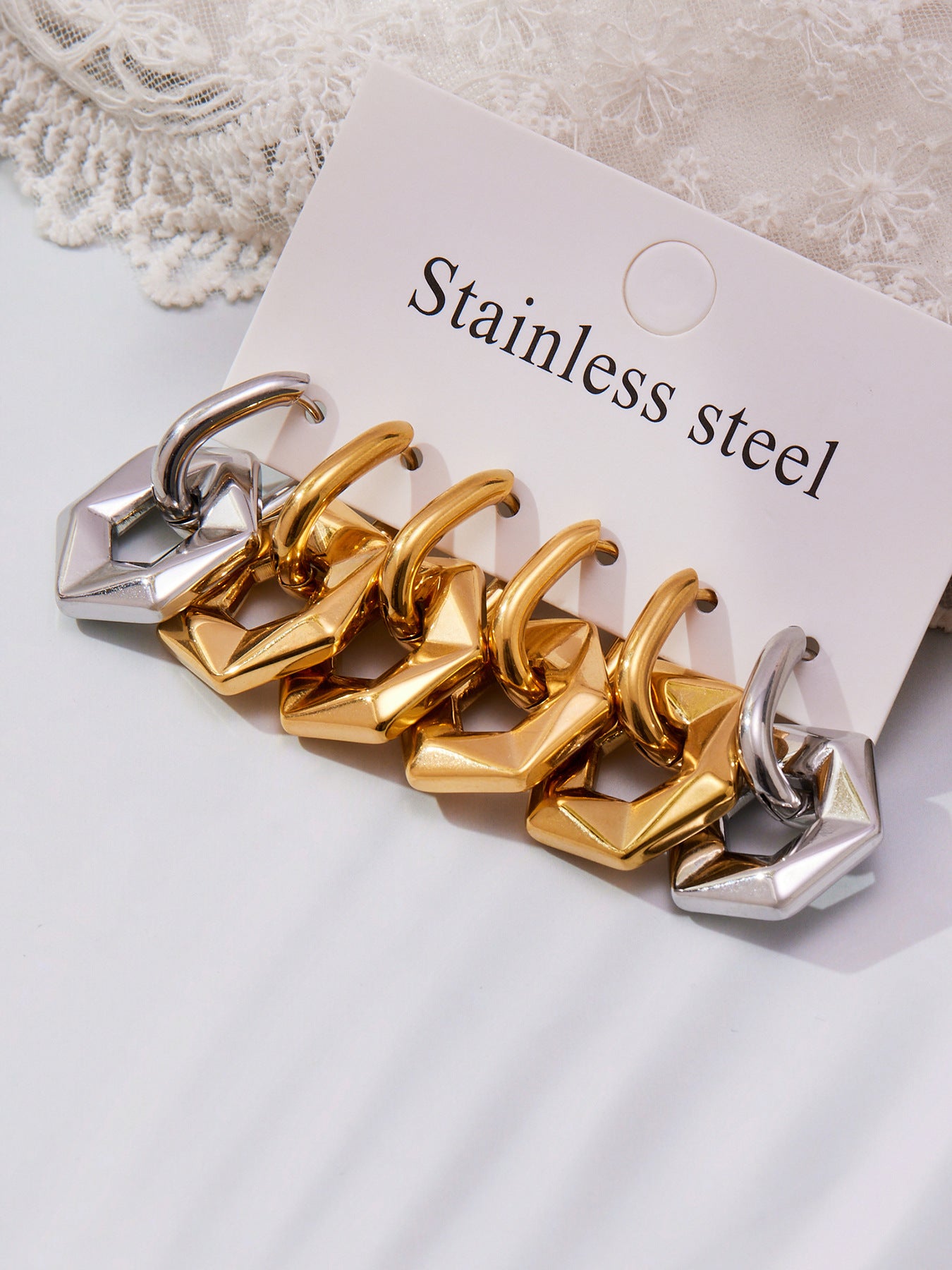 316L Stainless Steel 18K Gold Plated Hollow Hexagon Hoop Earrings - Image 7