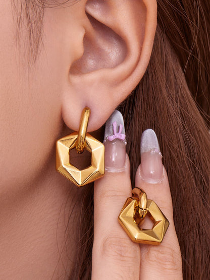 316L Stainless Steel 18K Gold Plated Hollow Hexagon Hoop Earrings - Image 8