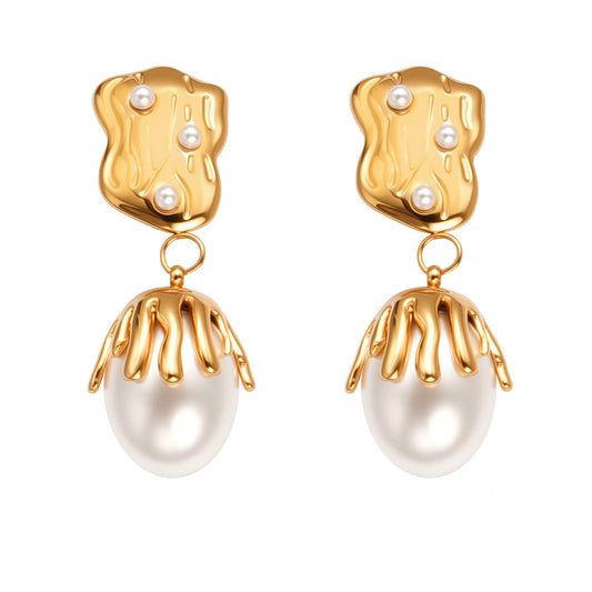 316L Stainless Steel 18K Gold Plated Irregular Baroque Pearl Dangle Earrings - Image 1
