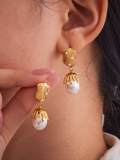 316L Stainless Steel 18K Gold Plated Irregular Baroque Pearl Dangle Earrings - Image 2