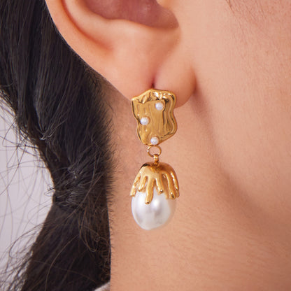 316L Stainless Steel 18K Gold Plated Irregular Baroque Pearl Dangle Earrings - Image 3