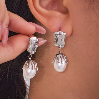 316L Stainless Steel 18K Gold Plated Irregular Baroque Pearl Dangle Earrings - Image 5