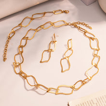 Detailed view of the waterproof 316L stainless steel geometric necklace and earrings set displayed on a soft aesthetic background.