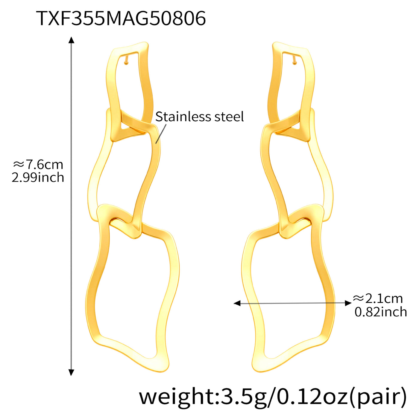 Product dimension specifications for the irregular geometric gold drop earrings, showing the weight and size details for wholesale jewelry buyers.