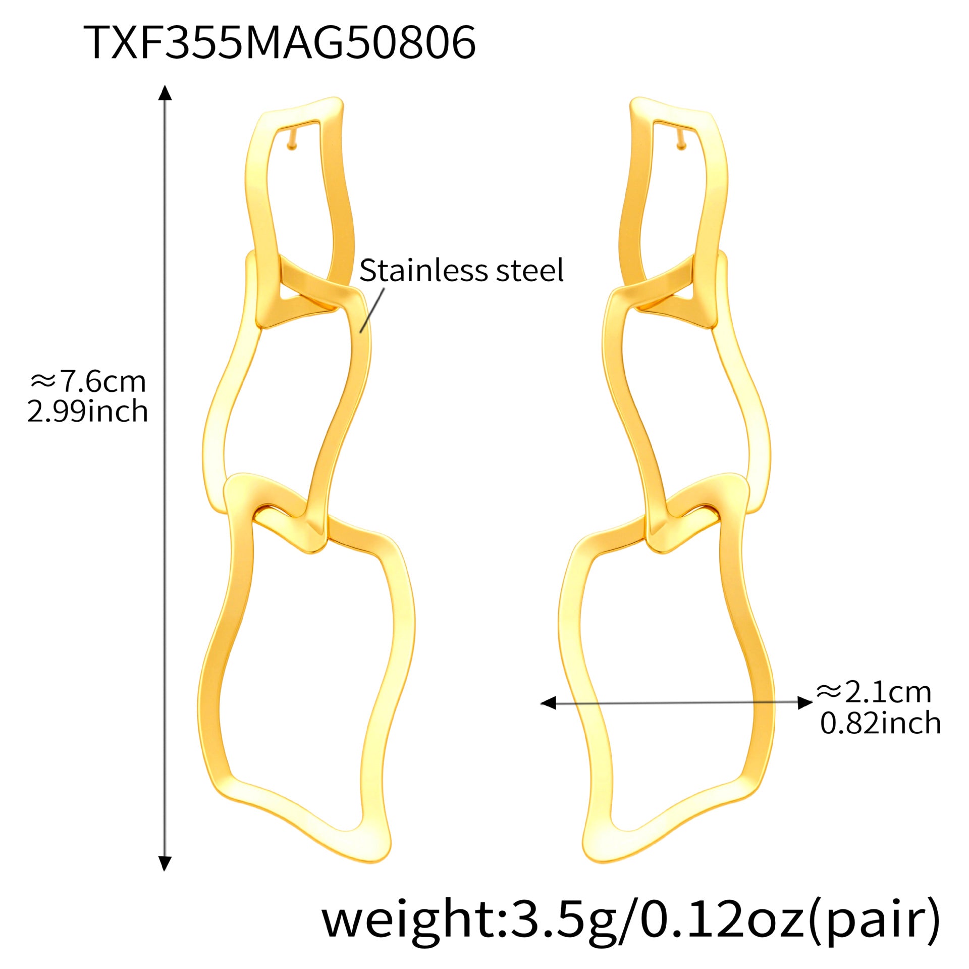 Product dimension specifications for the irregular geometric gold drop earrings, showing the weight and size details for wholesale jewelry buyers.