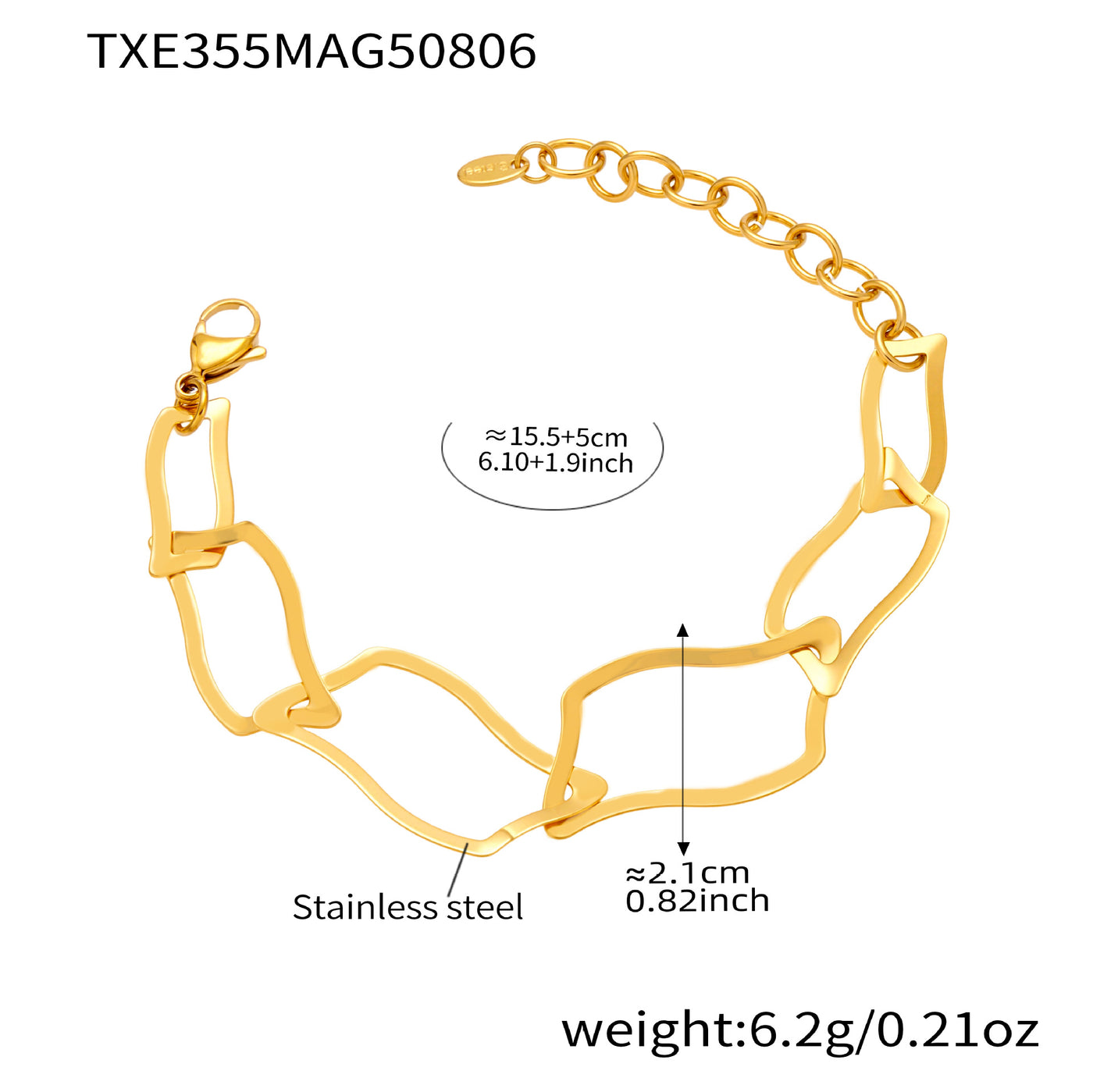 Technical drawing for the hypoallergenic 316L stainless steel geometric link necklace, specifying the total length and link dimensions.