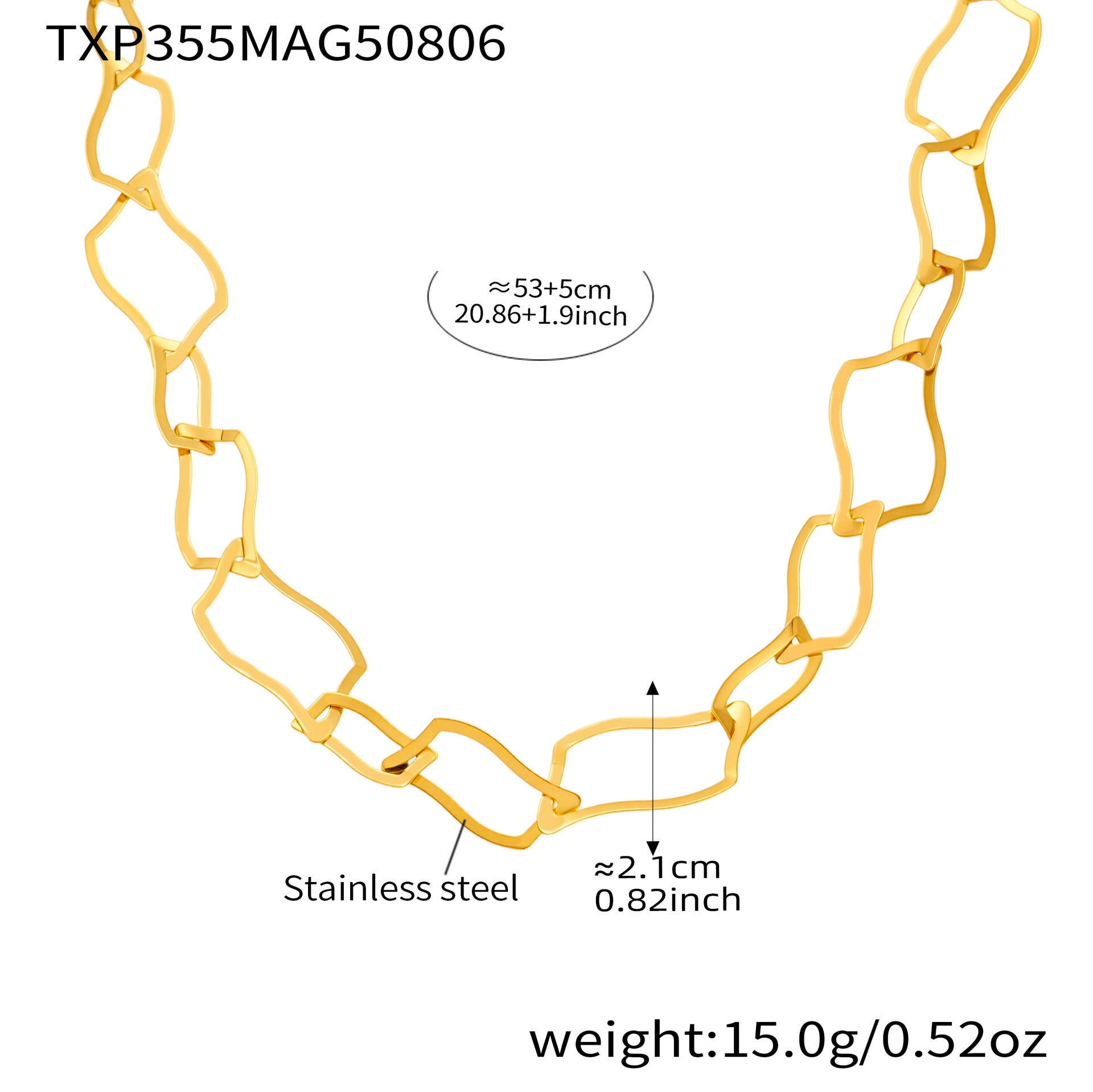 Measurement guide for the tarnish-resistant geometric link bracelet in 18K gold plating, designed for durable and comfortable wear.