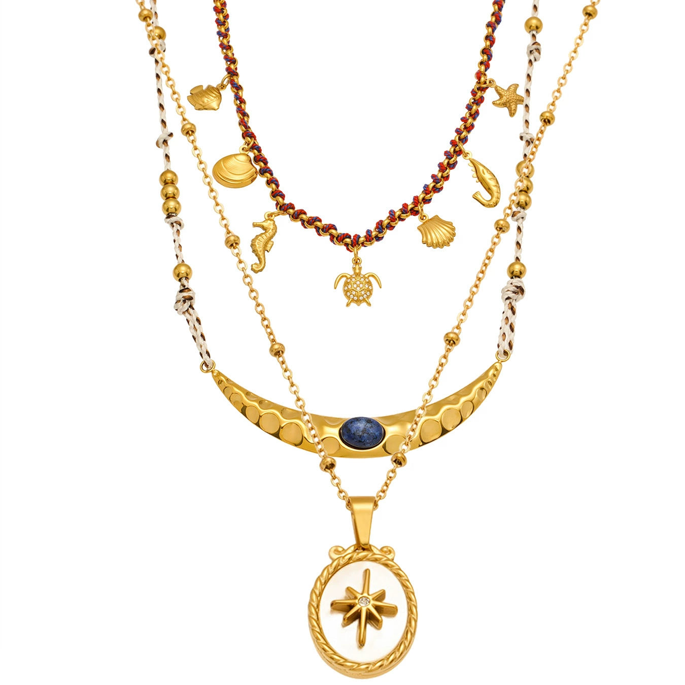 316L Stainless Steel 18K Gold Plated Kyanite Moon & Sea Turtle Charm Necklace - Image 18