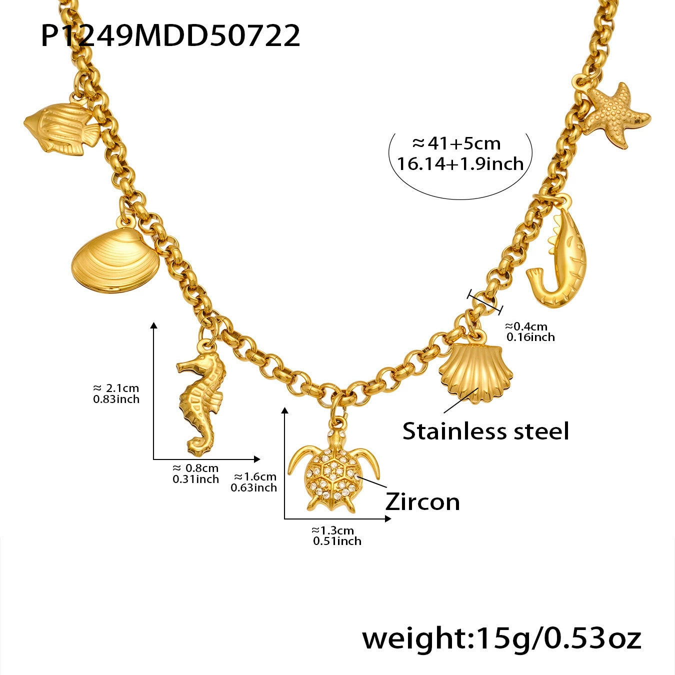 316L Stainless Steel 18K Gold Plated Kyanite Moon & Sea Turtle Charm Necklace - Image 8