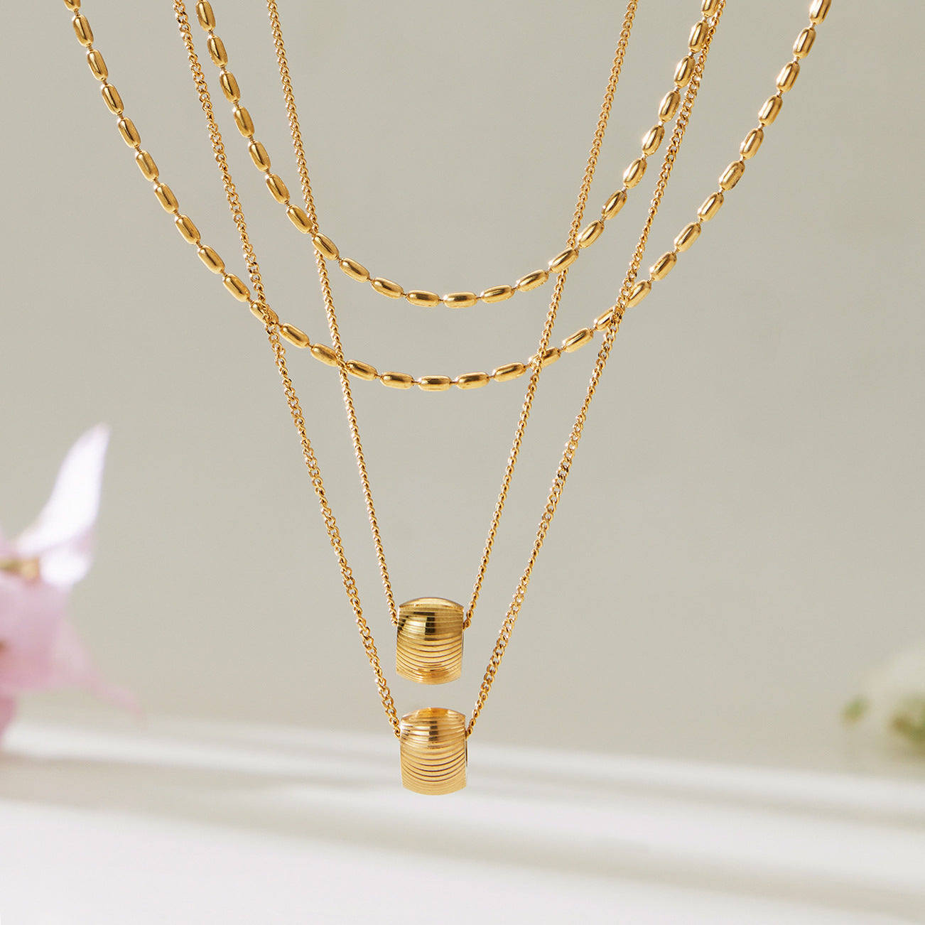 316L Stainless Steel 18K Gold Plated Layered Beaded Necklace - Image 2