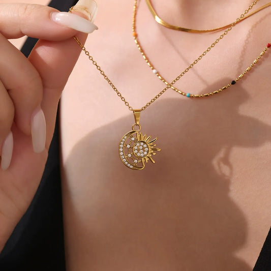316L Stainless Steel 18K Gold Plated Layered Sun Moon Zircon Necklace - Image 2