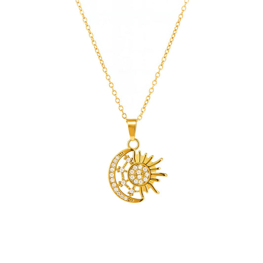 316L Stainless Steel 18K Gold Plated Layered Sun Moon Zircon Necklace - Image 5