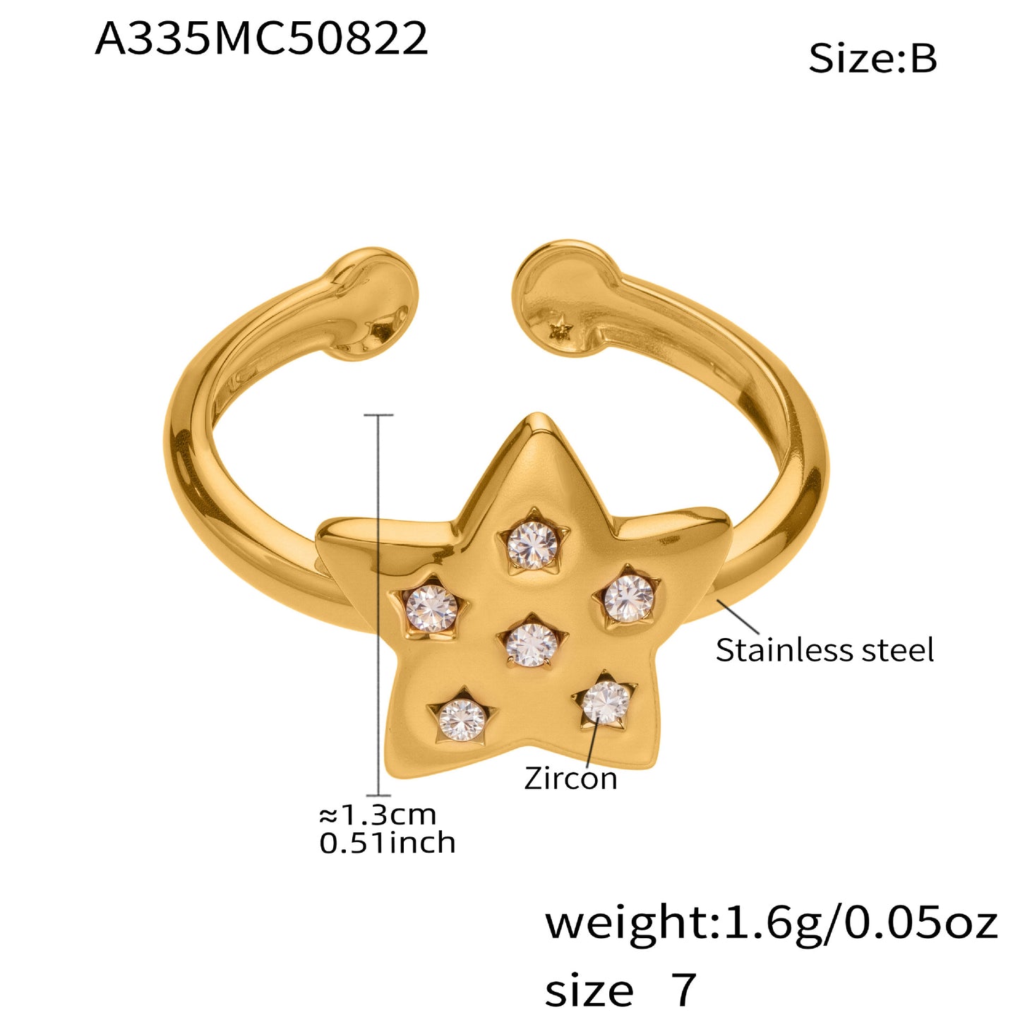 316L Stainless Steel 18K Gold Plated Micro Pave Star Adjustable Ring Set - Image 10