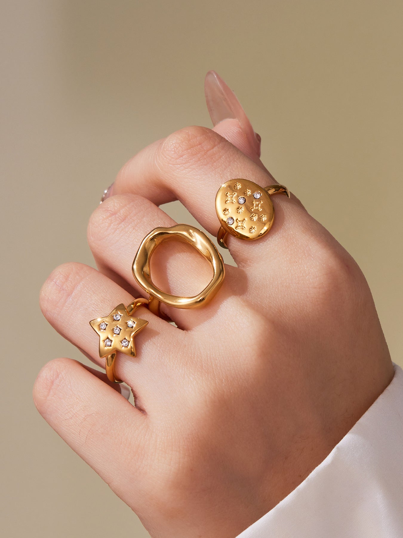 316L Stainless Steel 18K Gold Plated Micro Pave Star Adjustable Ring Set - Image 12