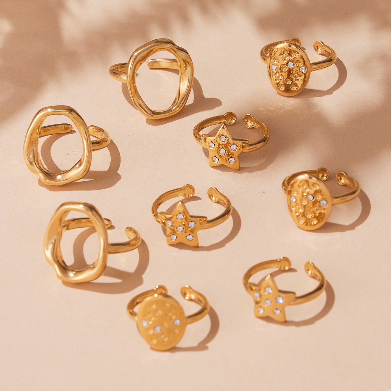 316L Stainless Steel 18K Gold Plated Micro Pave Star Adjustable Ring Set - Image 13