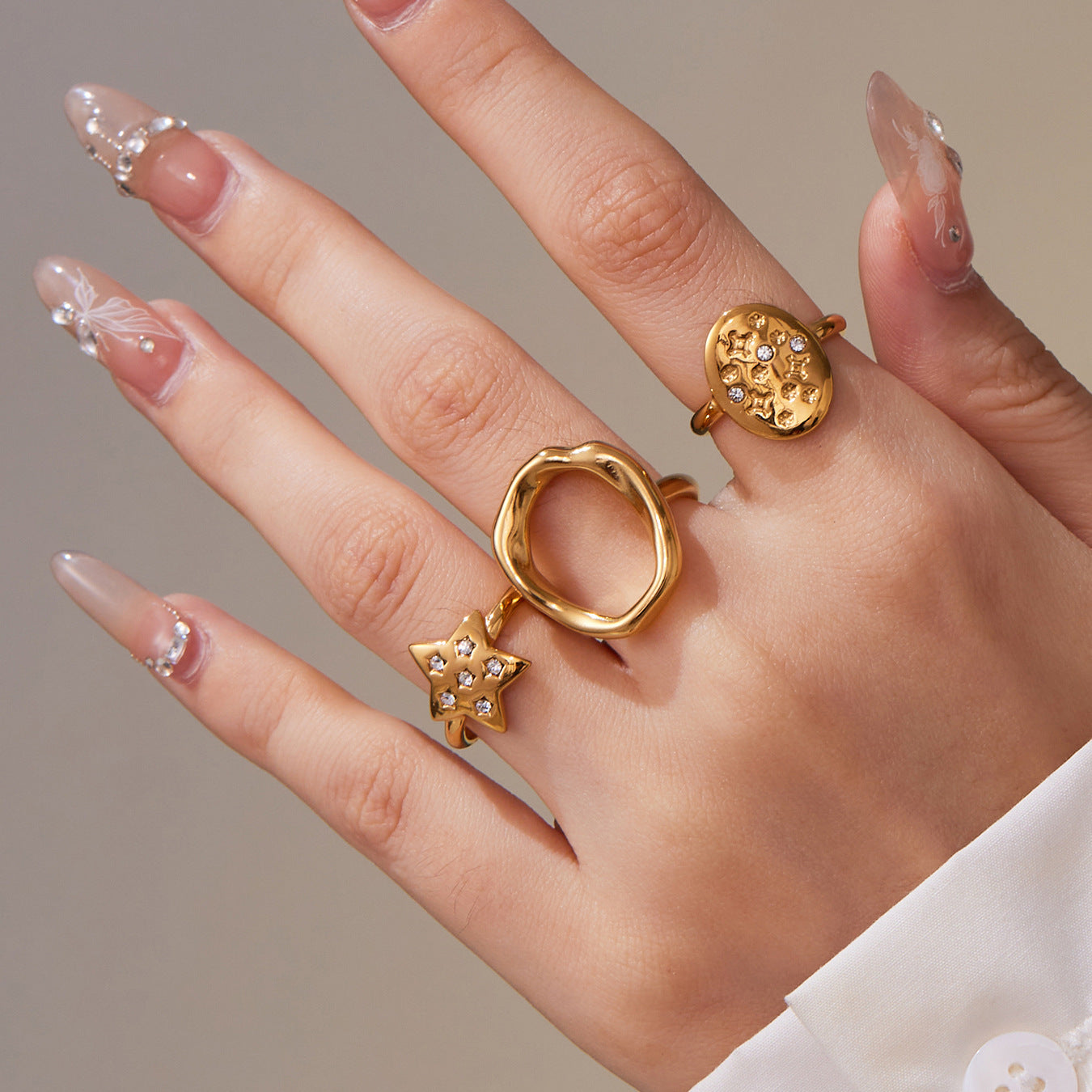 316L Stainless Steel 18K Gold Plated Micro Pave Star Adjustable Ring Set - Image 14