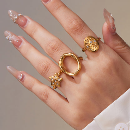 316L Stainless Steel 18K Gold Plated Micro Pave Star Adjustable Ring Set - Image 14