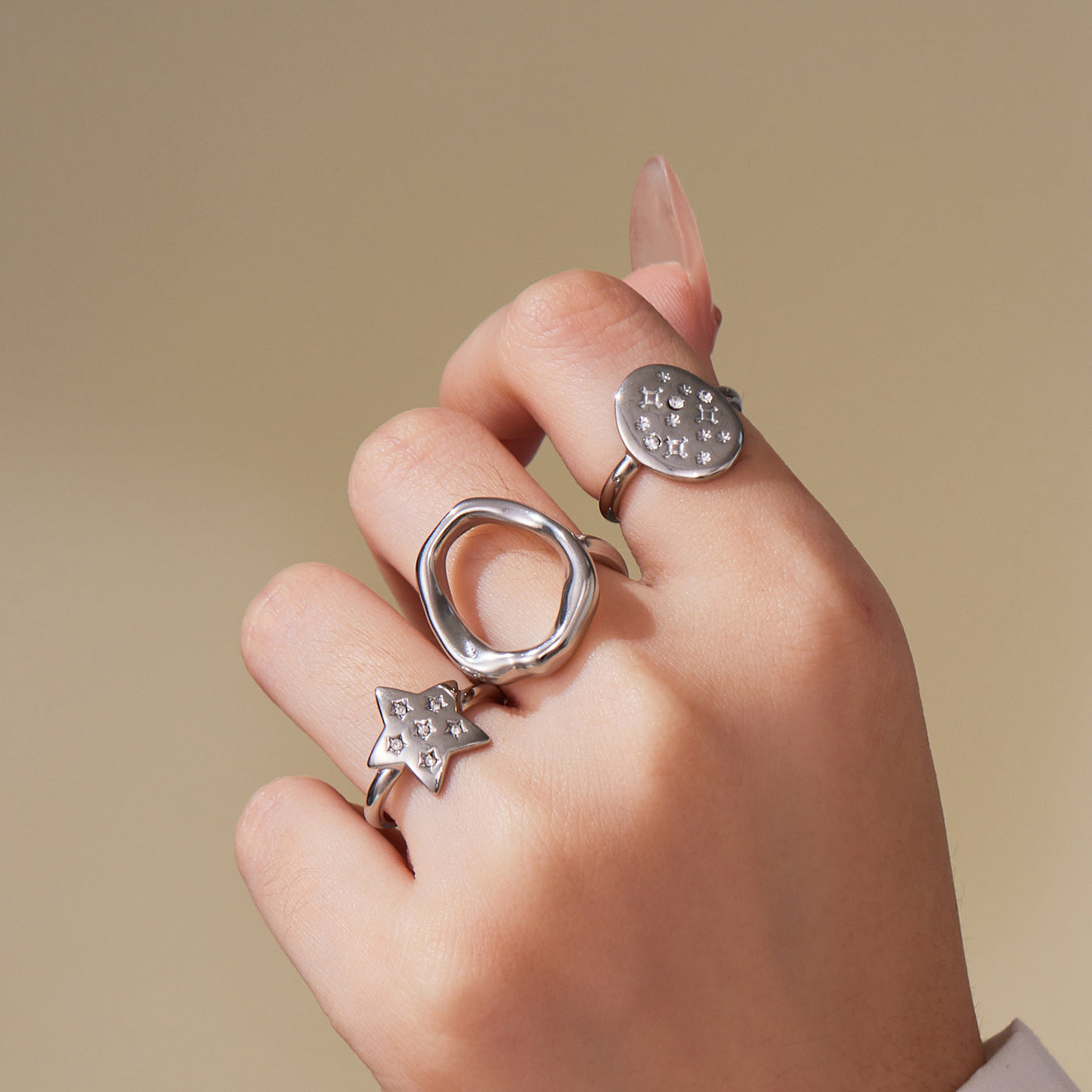 316L Stainless Steel 18K Gold Plated Micro Pave Star Adjustable Ring Set - Image 4