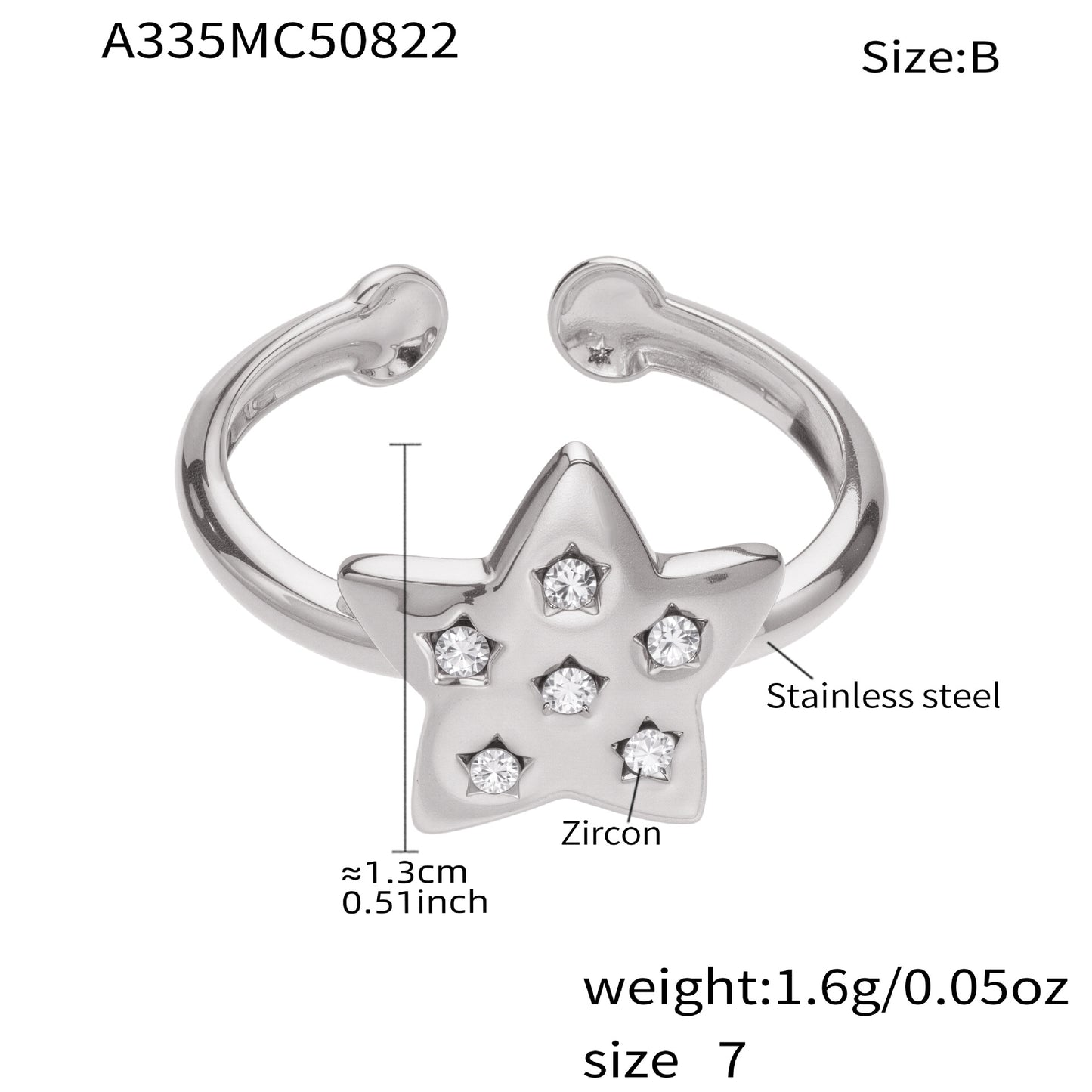 316L Stainless Steel 18K Gold Plated Micro Pave Star Adjustable Ring Set - Image 6