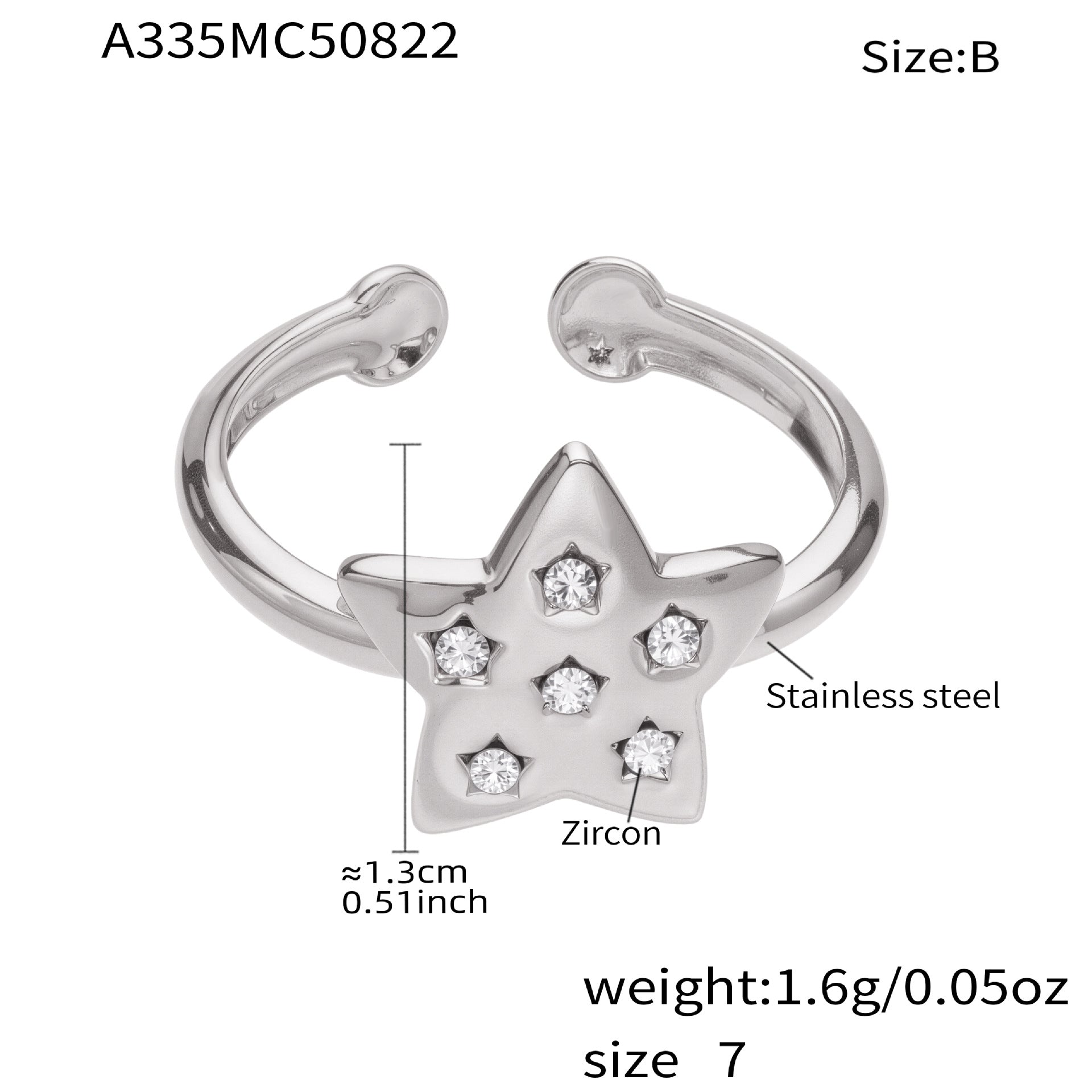 316L Stainless Steel 18K Gold Plated Micro Pave Star Adjustable Ring Set - Image 6