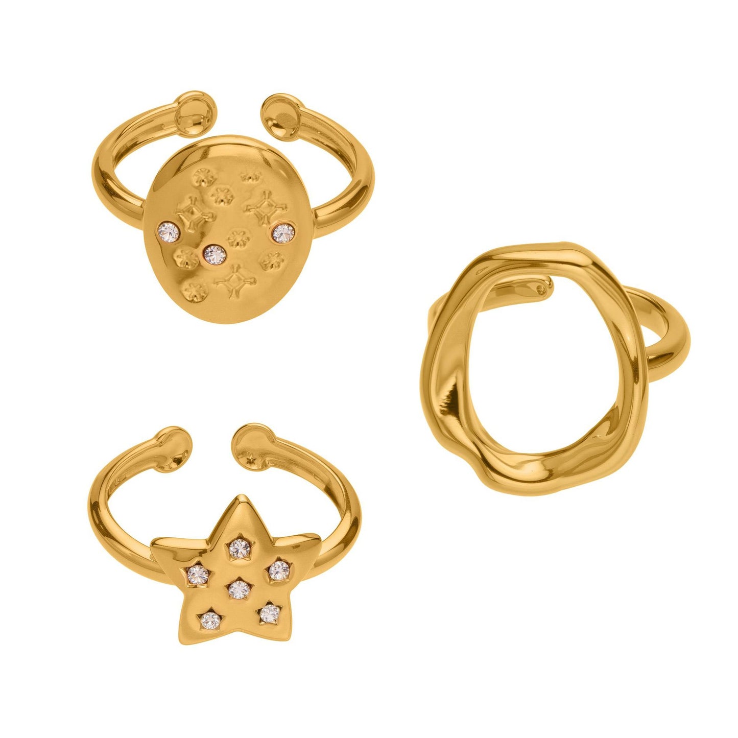 316L Stainless Steel 18K Gold Plated Micro Pave Star Adjustable Ring Set - Image 9