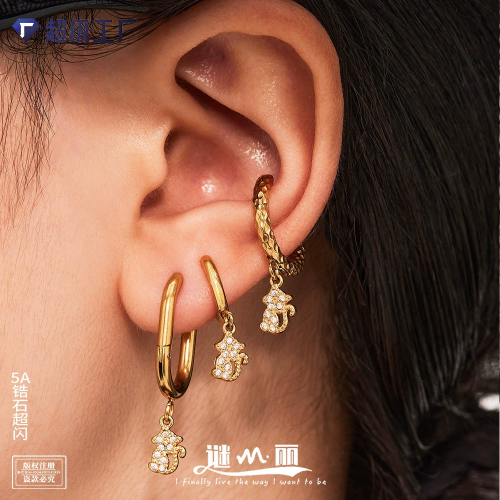 316L Stainless Steel 18K Gold Plated Micro-Pave Zircon Animal Charm Hoop Earrings - Image 1