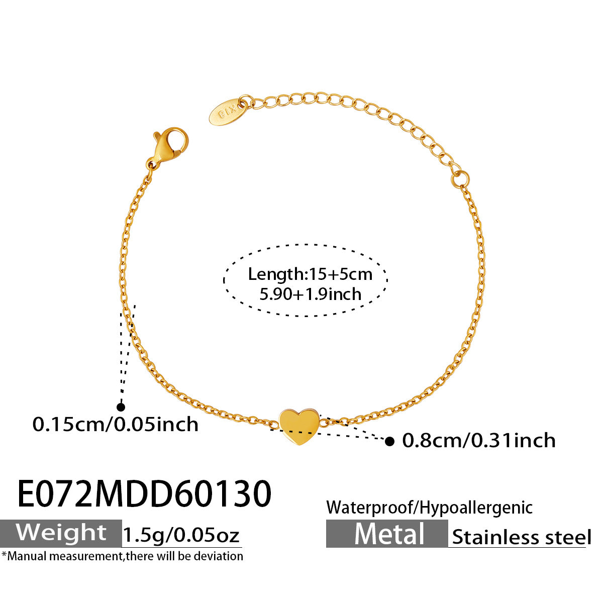 316L Stainless Steel 18K Gold Plated Minimalist Heart Delicate Chain Bracelet - Image 5