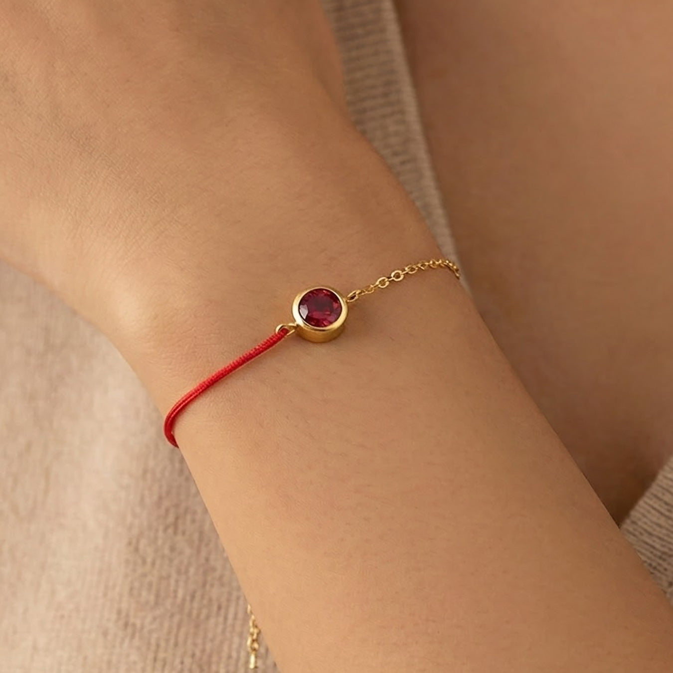 316L Stainless Steel 18K Gold Plated Minimalist Single Zircon Red String & Chain Link Bracelet - Image 12