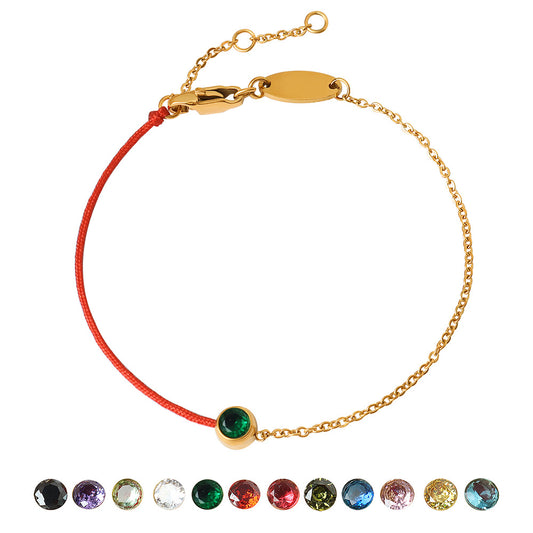316L Stainless Steel 18K Gold Plated Minimalist Single Zircon Red String & Chain Link Bracelet - Image 2