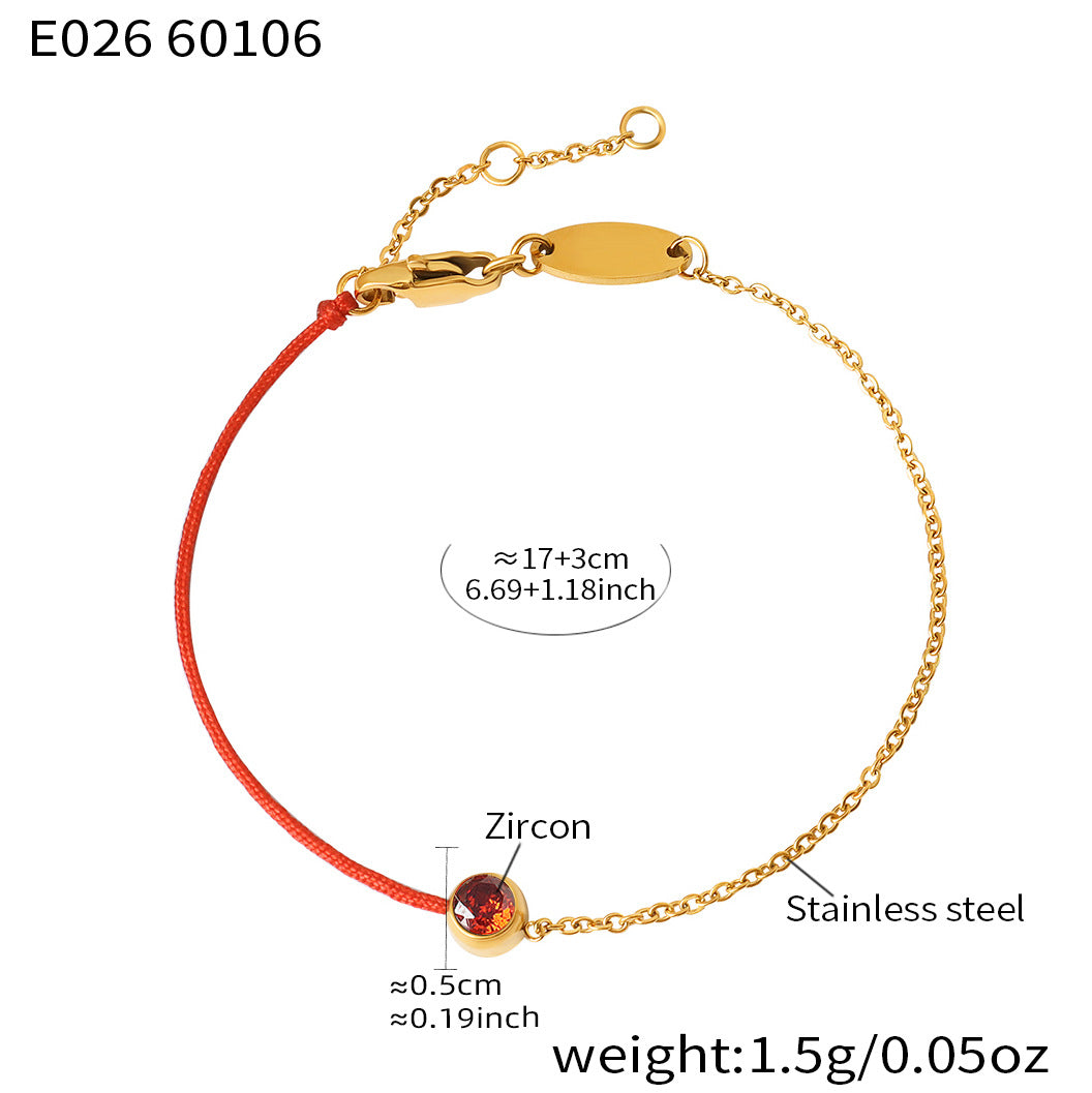 316L Stainless Steel 18K Gold Plated Minimalist Single Zircon Red String & Chain Link Bracelet - Image 3