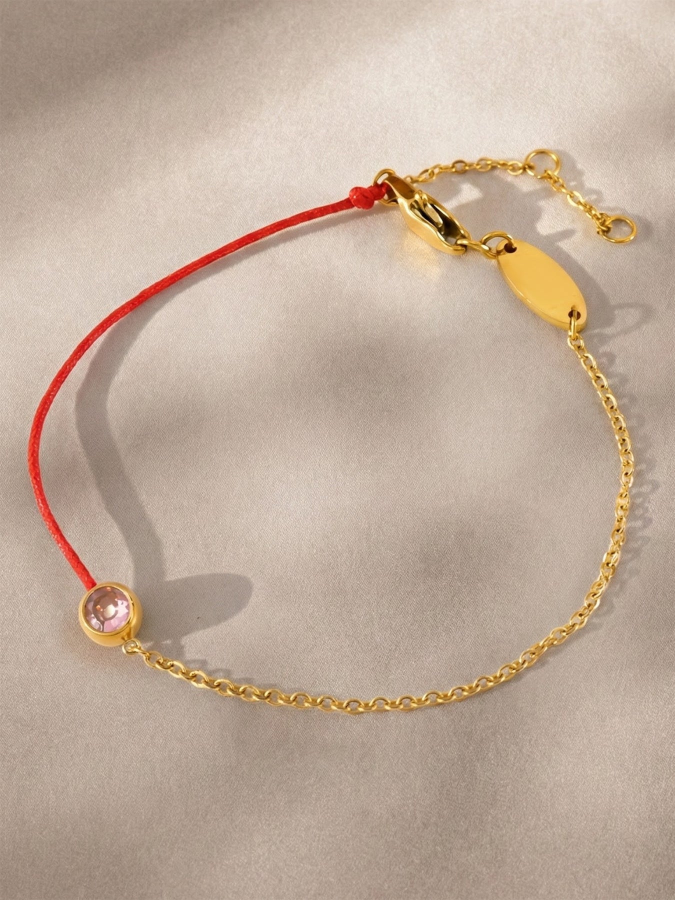 316L Stainless Steel 18K Gold Plated Minimalist Single Zircon Red String & Chain Link Bracelet - Image 4