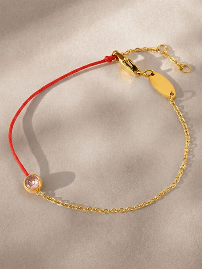 316L Stainless Steel 18K Gold Plated Minimalist Single Zircon Red String & Chain Link Bracelet - Image 4