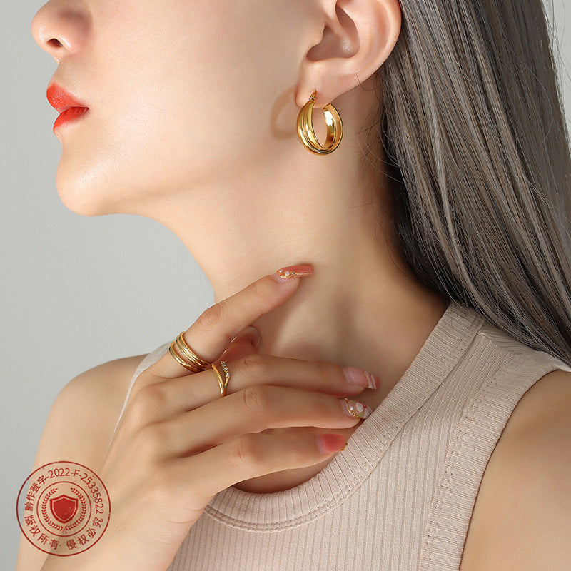 316L Stainless Steel 18K Gold Plated Minimalist Two-Tone U-Shape Drop Earrings - Image 2