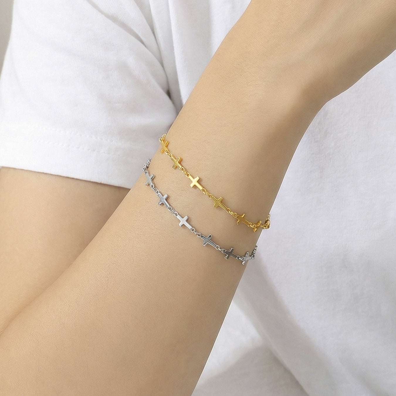 316L Stainless Steel 18K Gold Plated Minimalist Versatile Cross Bracelet - Image 7