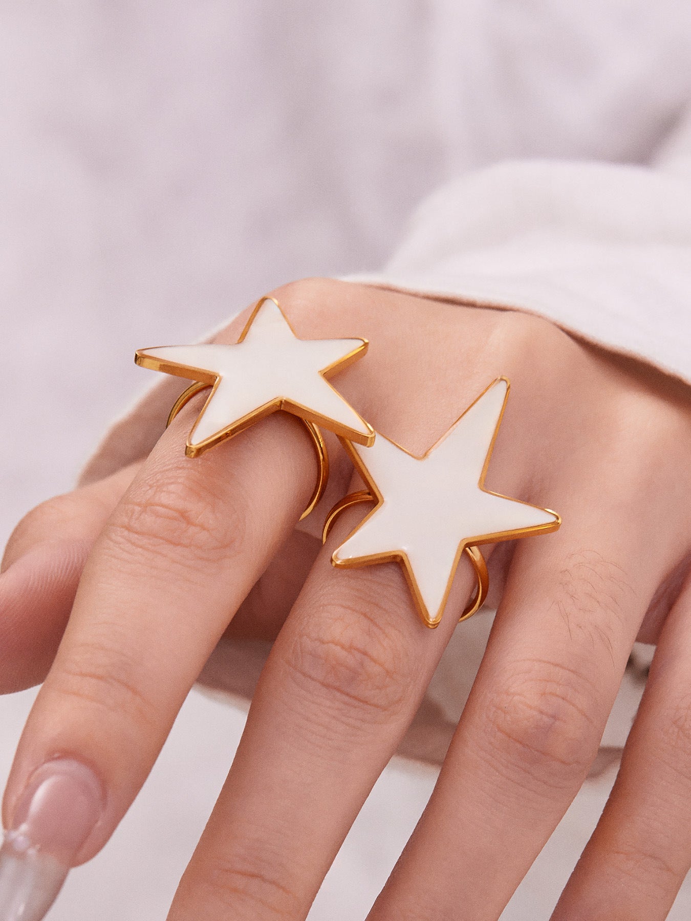 316L Stainless Steel 18K Gold Plated Mother-of-Pearl Star Open Ring and Earrings - Image 10