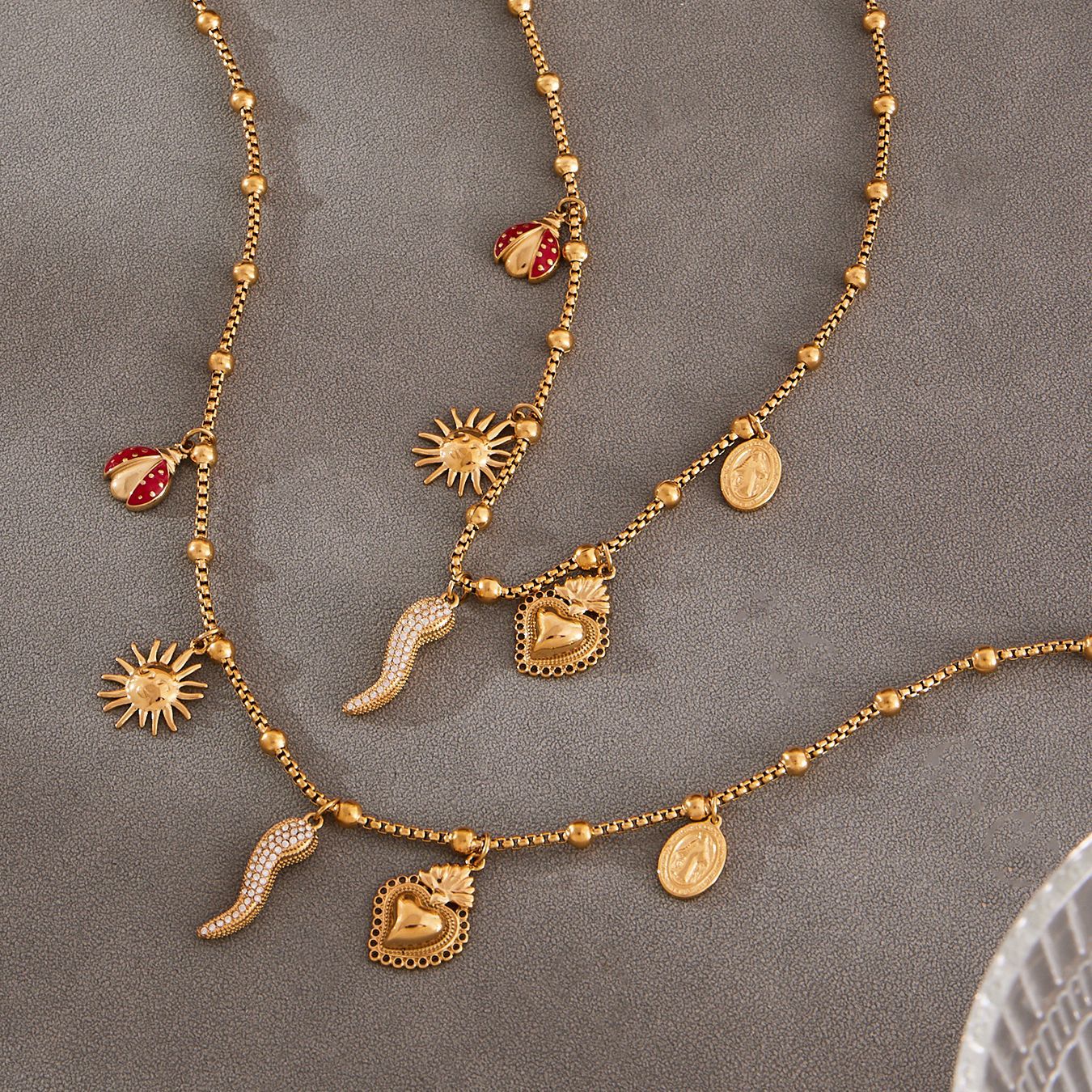 316L Stainless Steel 18K Gold Plated Multi-Charm DIY Necklace with Zircon Accents - Image 2