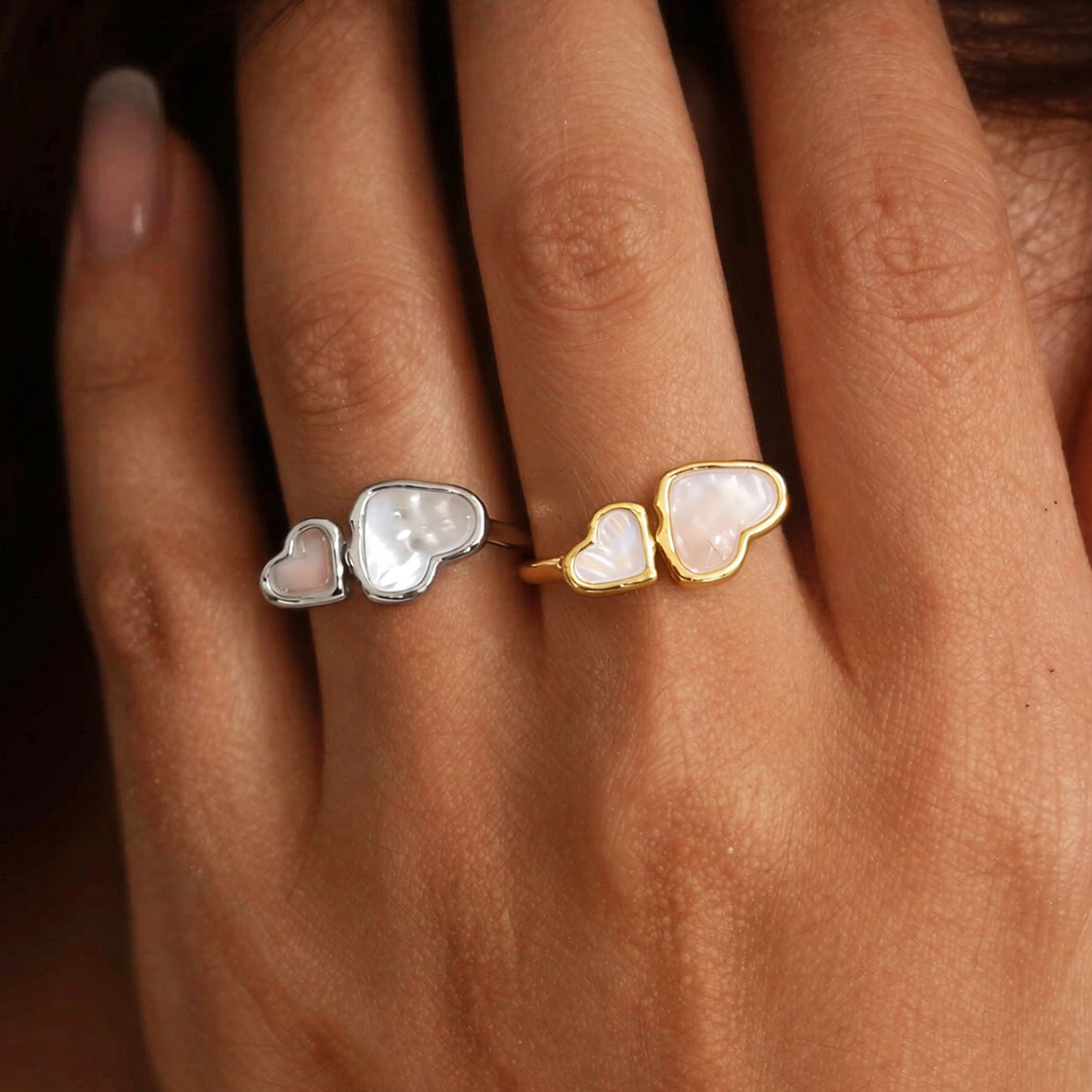 316L Stainless Steel 18K Gold Plated Natural Mother of Pearl Heart Open Ring - Image 1