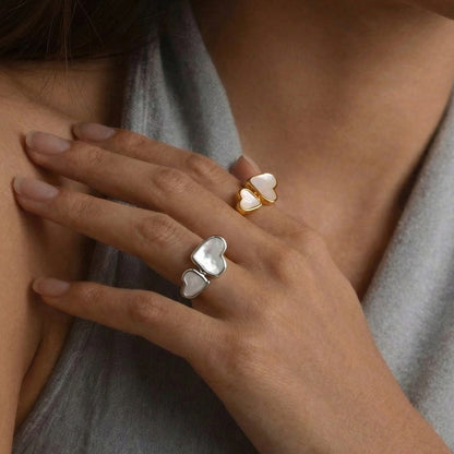 316L Stainless Steel 18K Gold Plated Natural Mother of Pearl Heart Open Ring - Image 4