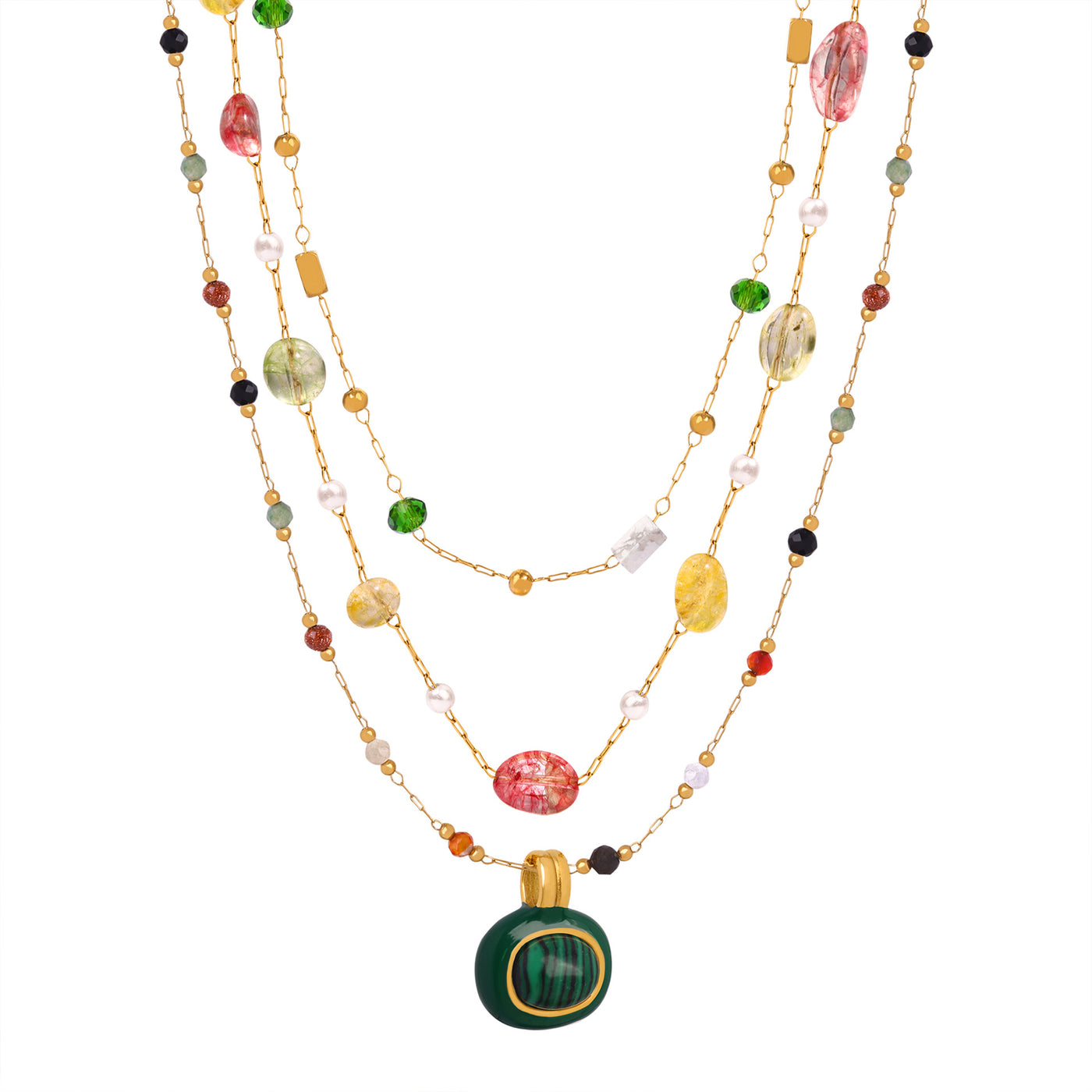 316L Stainless Steel 18K Gold Plated Natural Stone Beaded Pendant Necklace - Image 1
