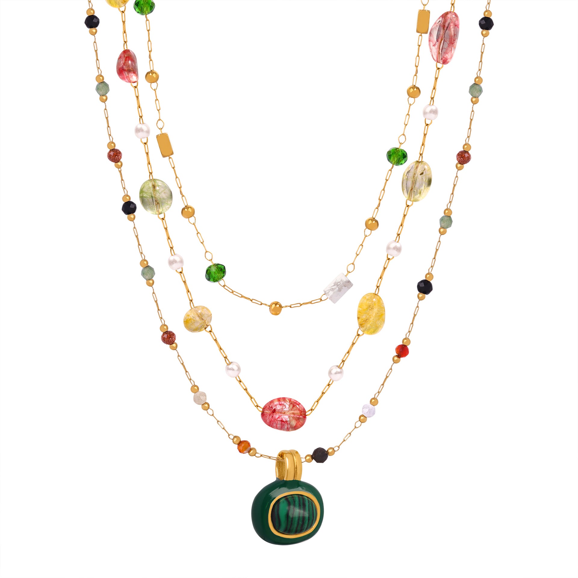 316L Stainless Steel 18K Gold Plated Natural Stone Beaded Pendant Necklace - Image 1
