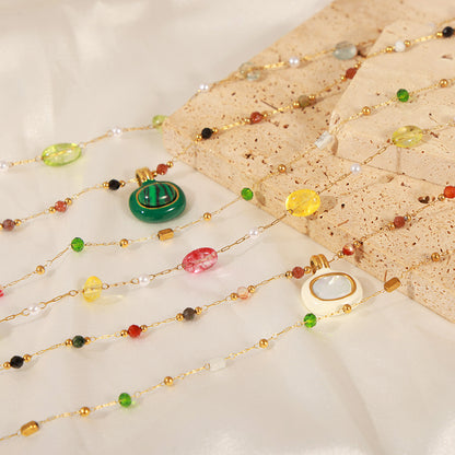 316L Stainless Steel 18K Gold Plated Natural Stone Beaded Pendant Necklace - Image 10