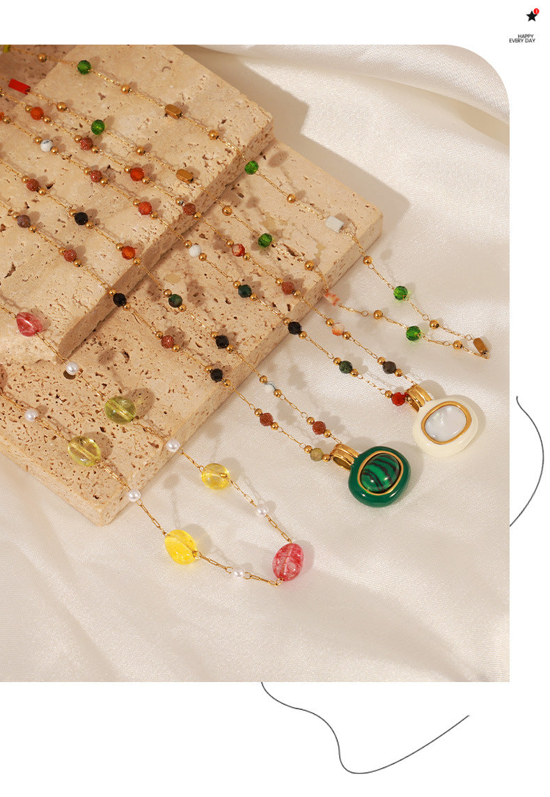 316L Stainless Steel 18K Gold Plated Natural Stone Beaded Pendant Necklace - Image 5