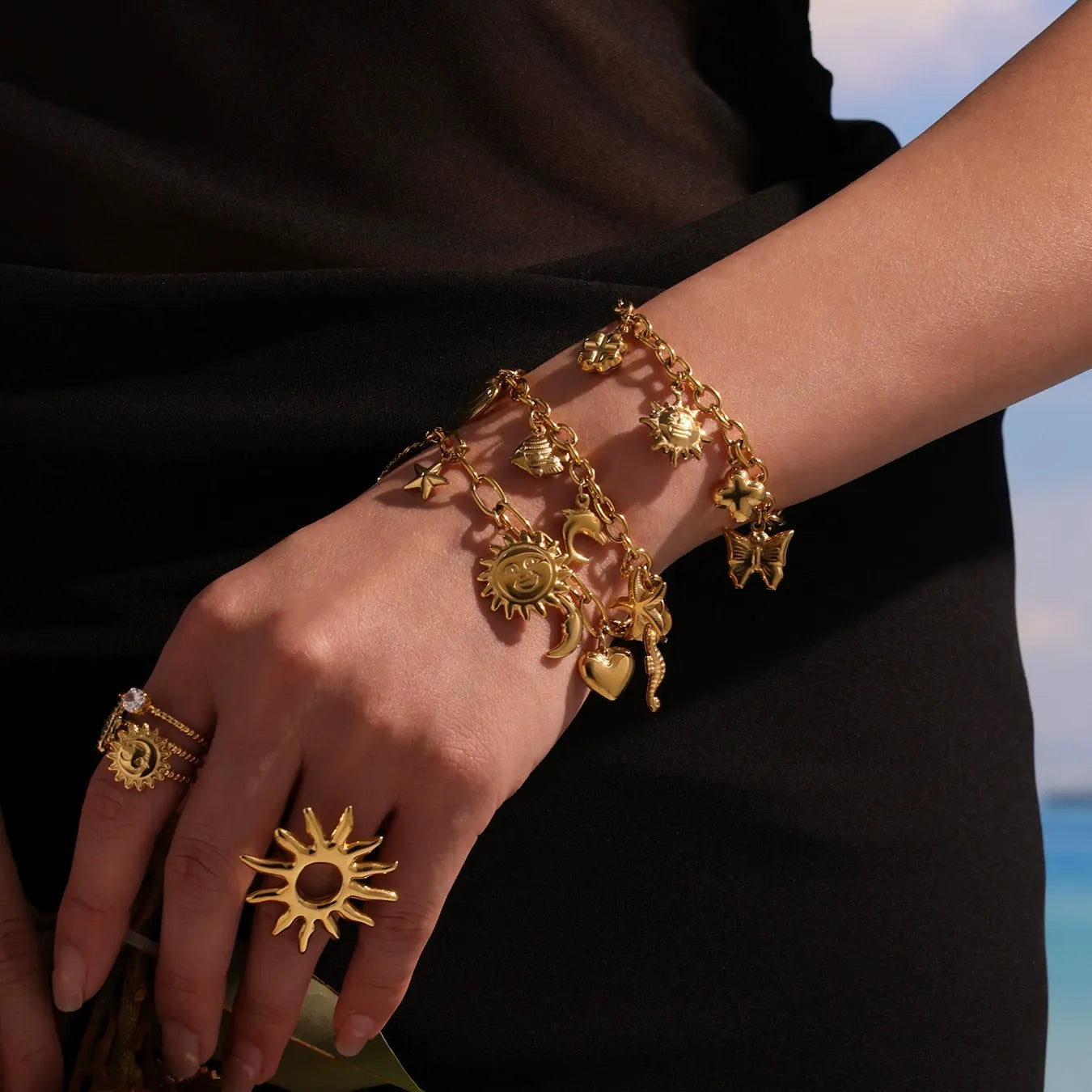 316L Stainless Steel 18K Gold Plated Ocean Charm Bracelet & Pendant Set - Image 2