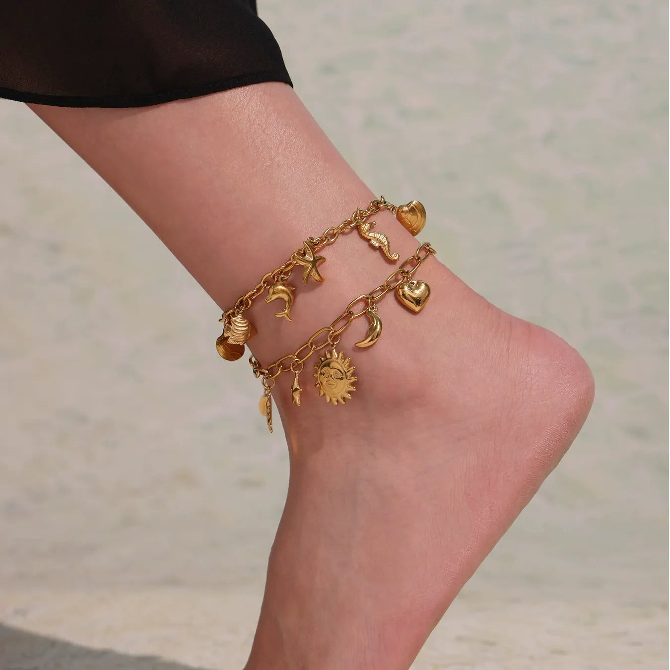 316L Stainless Steel 18K Gold Plated Ocean Charm Bracelet & Pendant Set - Image 3