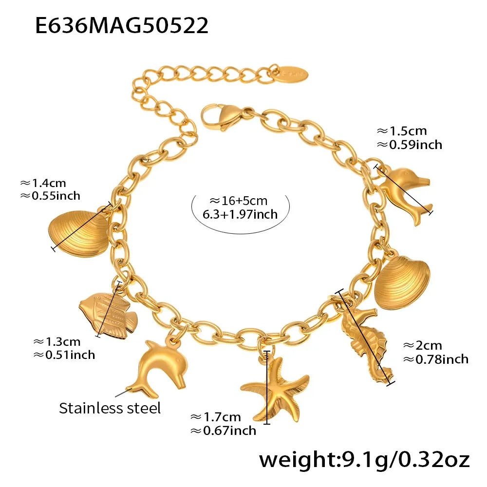 316L Stainless Steel 18K Gold Plated Ocean Charm Bracelet & Pendant Set - Image 6
