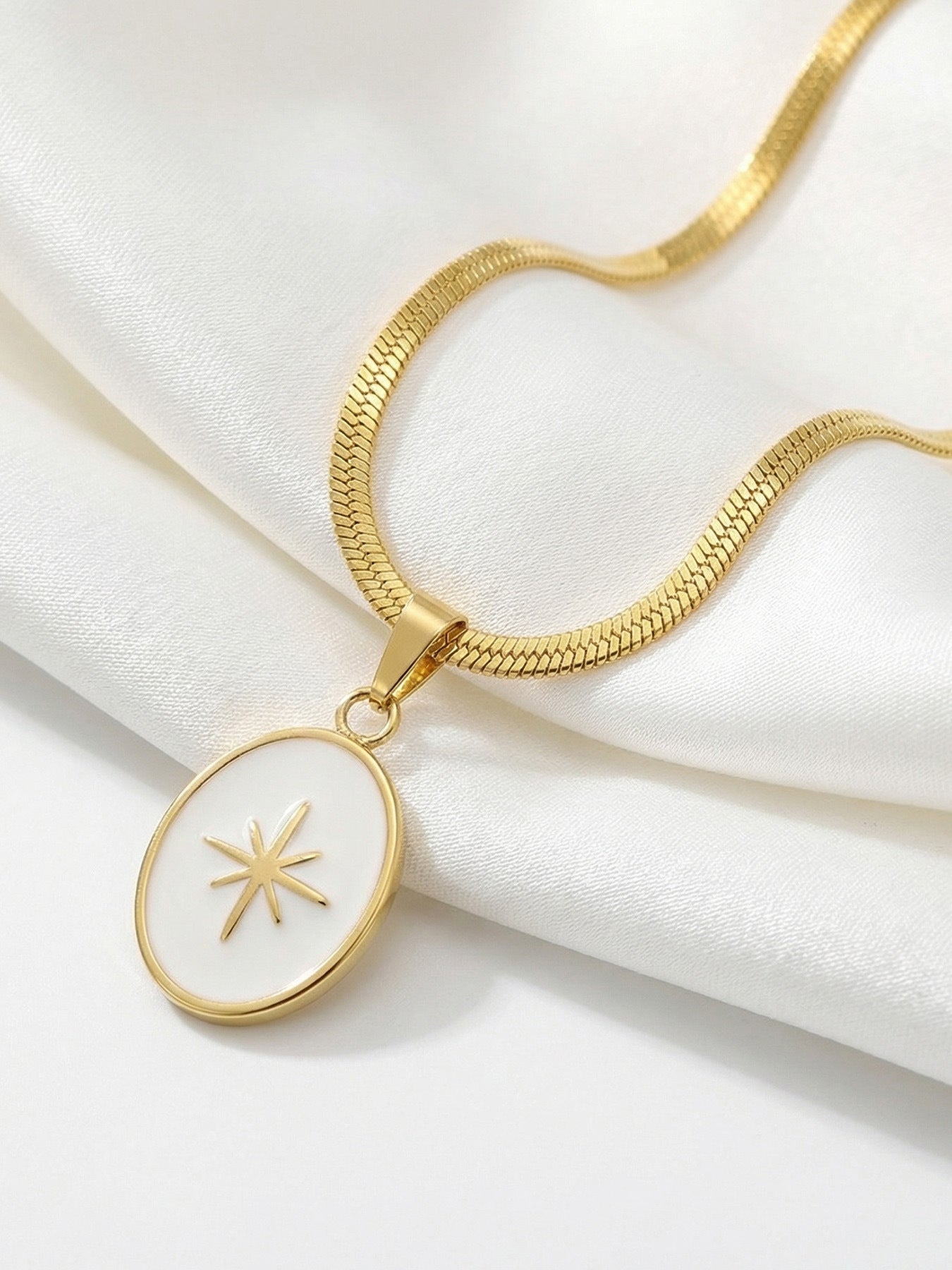 316L Stainless Steel 18K Gold Plated Octagram Enamel Flat Snake Chain Necklace - Image 2